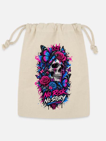 No Risk No Story Skull with Roses - Reusable Gift Bag - Natural