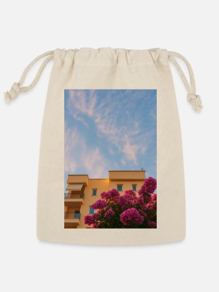 Sunlit Orange Building with Pink Bougainvillea - Reusable Gift Bag - Natural