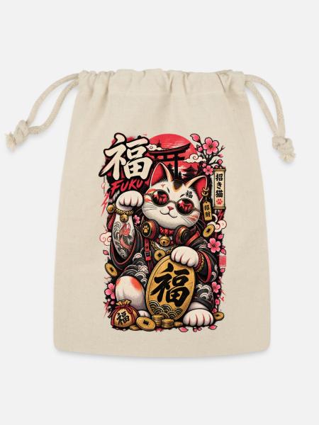 Fortune Cat with Sakura Coins - Reusable Gift Bag - Natural