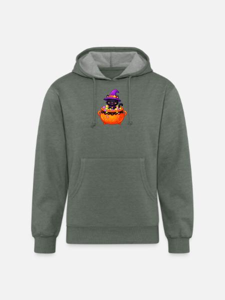 Whiskered Witch in Cauldron - Unisex Organic Hoodie - heather military green