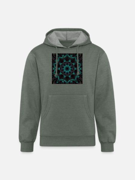 Neon Mandala Fractal Bloom - Unisex Organic Hoodie - heather military green