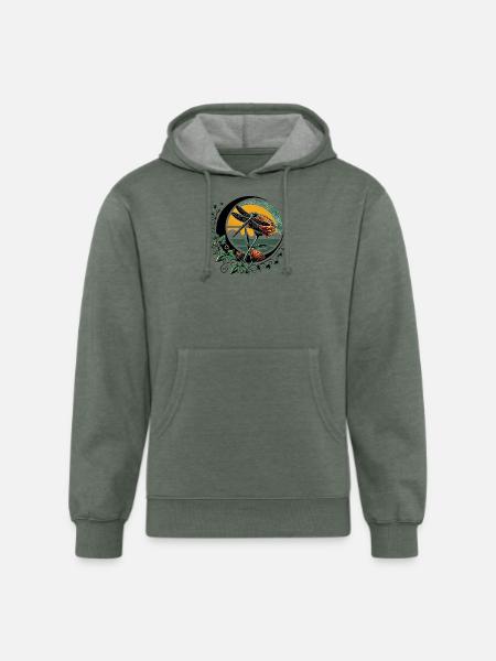 Moonlit Dragonfly & Sunflowers - Unisex Organic Hoodie - heather military green