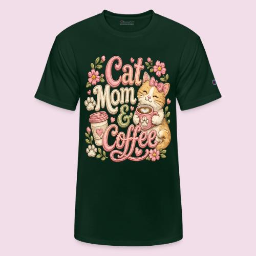 Cat Mom & Coffee Faux Stitched Cat Lover Design - Champion Unisex T-Shirt