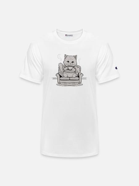 Coffee Cat In Comfy Chair - Champion Unisex T-Shirt - white