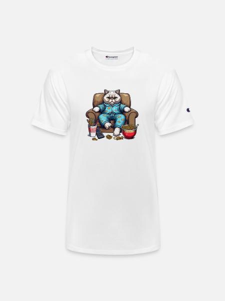 Cozy Cat in Blue Pajamas - Champion Unisex T-Shirt - white