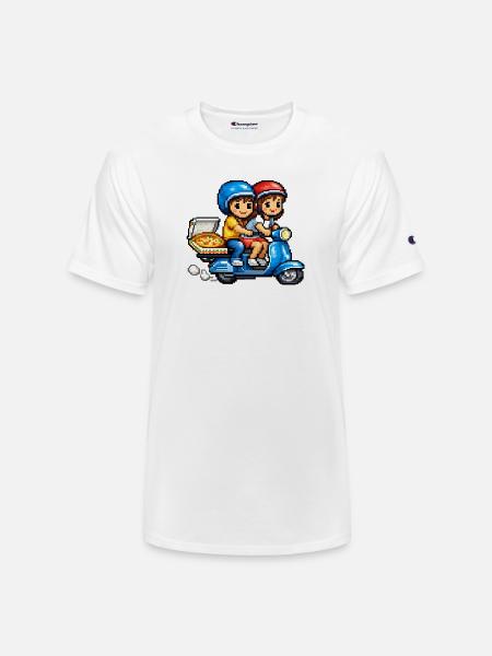 Boy and Girl on Vespa with Pizza! - Champion Unisex T-Shirt - white
