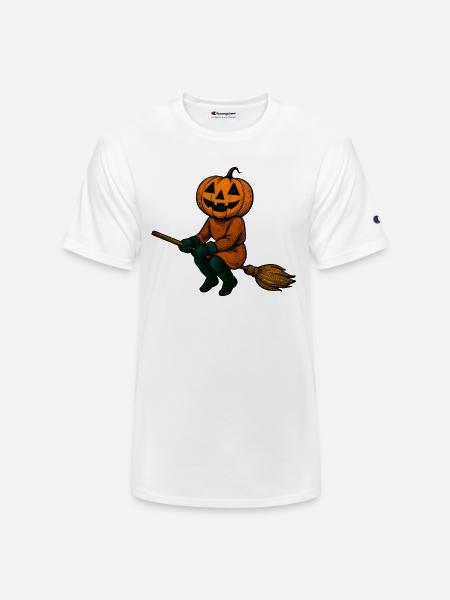 Pumpkinhead Witch on Broom - Champion Unisex T-Shirt - white