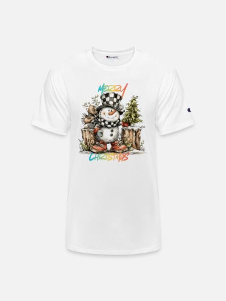 Checkerboard Snowman Christmas Tee - Champion Unisex T-Shirt - white