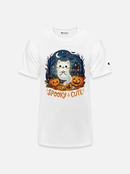Spooky Cute Ghost Cat Halloween - Champion Unisex T-Shirt - white