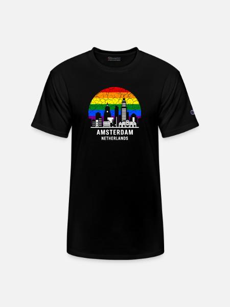 Amsterdam Skyline Rainbow Illustration - Champion Unisex T-Shirt - black