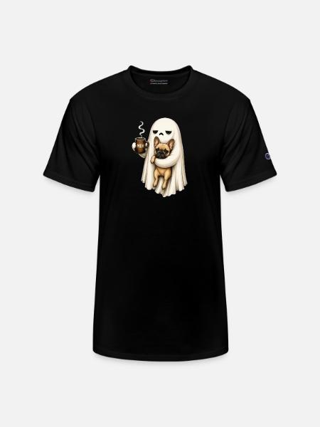 Meh Ghost Sips Coffee with Pug - Champion Unisex T-Shirt - black