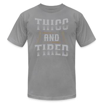 Thicc et fatigué débardeur humoristique - T-shirt unisexe Bella + Canvas - ardoise - Devant - Jose (178cm)