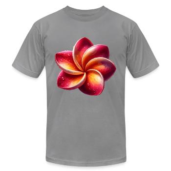 Vibrant Plumeria Flower with Water Droplets in - Unisex Jersey T-Shirt by Bella + Canvas - slate - Front - Jose (178cm)