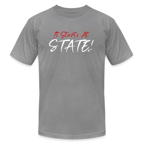 It Starts At STATE! -Red & White Script - Unisex Jersey T-Shirt by Bella + Canvas