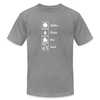 Survival Priorities: Shelter - Water - Fire - Food - Unisex Jersey T-Shirt by Bella + Canvas - slate - Front - Jose (178cm)