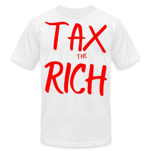 TAX the RICH, full size graffiti red font on white - Unisex Jersey T-Shirt by Bella + Canvas