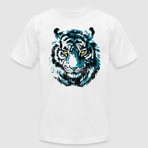Colorful Turquoise Tiger Head Portrait Drawing - Unisex Jersey T-Shirt by Bella + Canvas