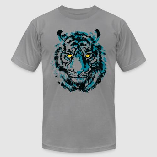 Colorful Turquoise Tiger Head Portrait Drawing - Unisex Jersey T-Shirt by Bella + Canvas