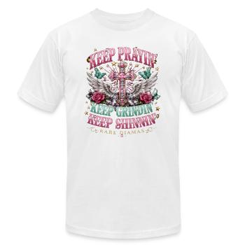 Keep Prayin Grindin Bling Cross - Unisex Jersey T-Shirt by Bella + Canvas - white - Front - Jose (178cm)