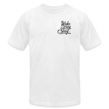 Wake Pray Slay - Unisex Jersey T-Shirt by Bella + Canvas - white - Front - Jose (178cm)