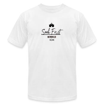 seek first - Unisex Jersey T-Shirt by Bella + Canvas - white - Front - Jose (178cm)