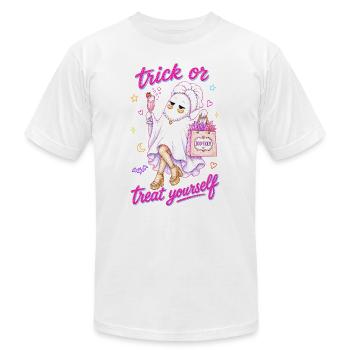 Trick Or Treat Yourself Spa Ghost Neon Pink  - Unisex Jersey T-Shirt by Bella + Canvas - white - Front - Jose (178cm)