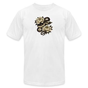 Gold-ink Snake Wrapped Around Peonies - Unisex Jersey T-Shirt by Bella + Canvas - white - Front - Jose (178cm)