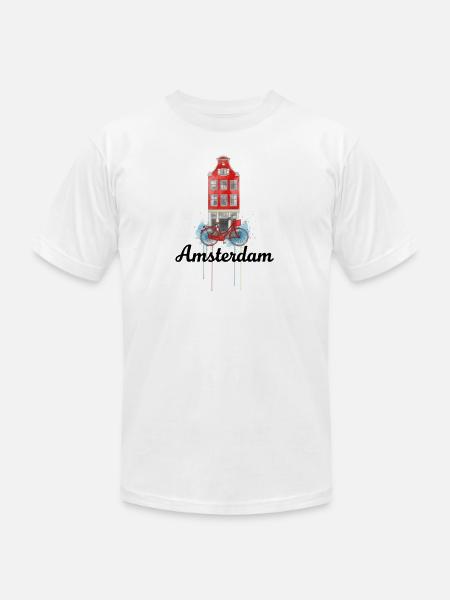 Amsterdam Bicycle on Red Facade - Unisex Jersey T-Shirt by Bella + Canvas - white