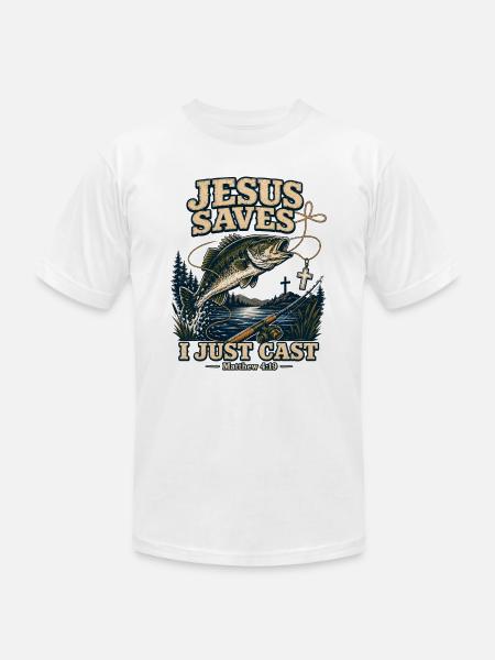 Jesus Saves I Just Cast Christian Fishing - Unisex Jersey T-Shirt by Bella + Canvas - white