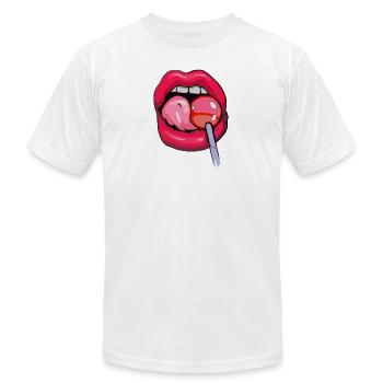 Femme léchant lollipop - T-shirt unisexe Bella + Canvas - blanc - Devant - Jose (178cm)