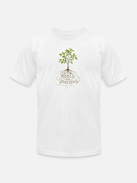 "Roots Are Precious" Tree Design - Unisex Jersey T-Shirt by Bella + Canvas - white