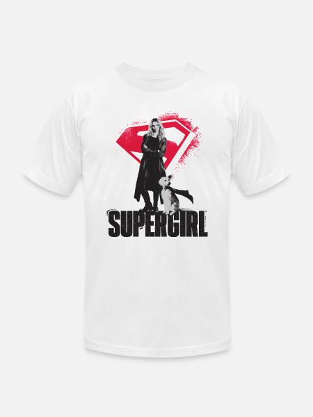 Supergirl Movie Lettering With Kara And Krypto - Unisex Jersey T-Shirt by Bella + Canvas - heather gray
