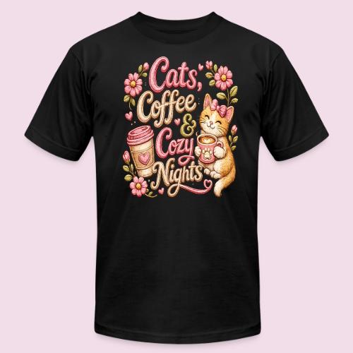 Cats, Coffee & Cozy Nights Faux Stitched Design - Unisex Jersey T-Shirt by Bella + Canvas