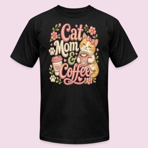 Cat Mom & Coffee Faux Stitched Cat Lover Design - Unisex Jersey T-Shirt by Bella + Canvas