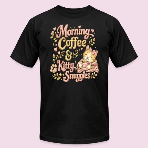 Morning Coffee & Kitty Snuggles Faux Stitched - Unisex Jersey T-Shirt by Bella + Canvas