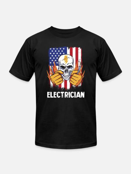 Electrician Skull with American Flag Background - Unisex Jersey T-Shirt by Bella + Canvas - black