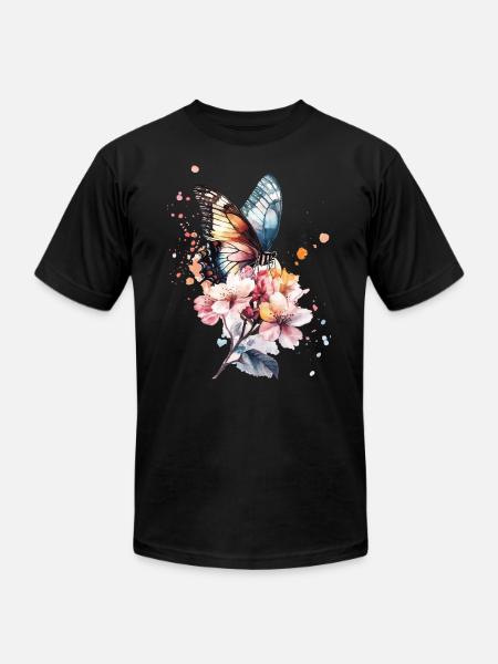 Butterfly Cherry Blossoms - Unisex Jersey T-Shirt by Bella + Canvas - black