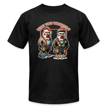 Handy Chicken Electricians, No Shock Here - Unisex Jersey T-Shirt by Bella + Canvas - black - Front - Jose (178cm)