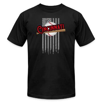 Cincinnati OH USA Flag The Queens Chip City - Unisex Jersey T-Shirt by Bella + Canvas - black - Front - Jose (178cm)