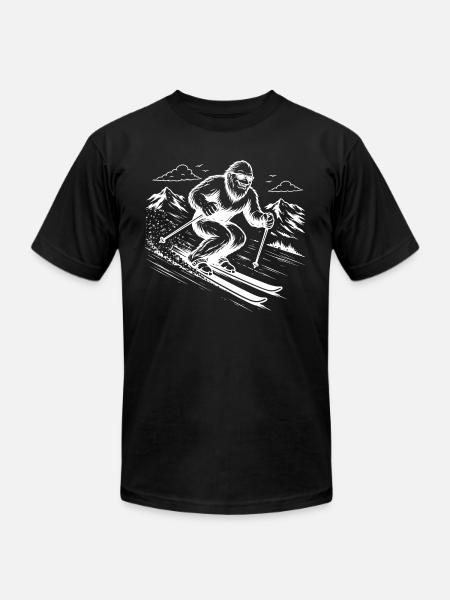Bigfoot Sasquatch Skier in the Mountains - Unisex Jersey T-Shirt by Bella + Canvas - black