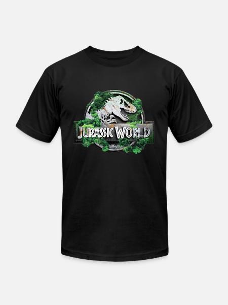 Jurassic World logo with T-Rex and trees - Unisex Jersey T-Shirt by Bella + Canvas - black