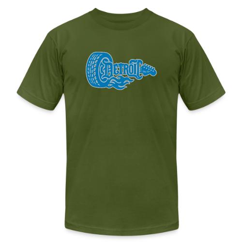 The D® - Detroit Wheel Guitar with Flames Bl Slvr - Unisex Jersey T-Shirt by Bella + Canvas