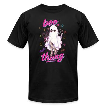 Boo Thang Taken By A Ghost Halloween Neon Pink - Unisex Jersey T-Shirt by Bella + Canvas - black - Front - Jose (178cm)