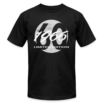 60th Birthday Gift – Born in 1966 Shirt - Unisex Jersey T-Shirt by Bella + Canvas - black - Front - Jose (178cm)