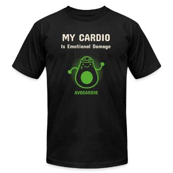 My Cardio Is Emotional Damage Funny Hiking Tshirt - Unisex Jersey T-Shirt by Bella + Canvas - black - Front - Jose (178cm)