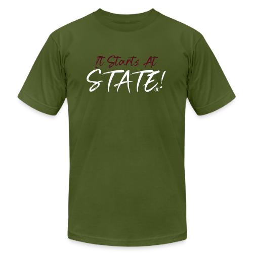 It Starts At STATE! -Maroon & White - Unisex Jersey T-Shirt by Bella + Canvas