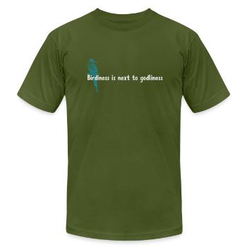 Birdiness is next to godliness (MotMot Bird) - Unisex Jersey T-Shirt by Bella + Canvas - olive - Front - Jose (178cm)