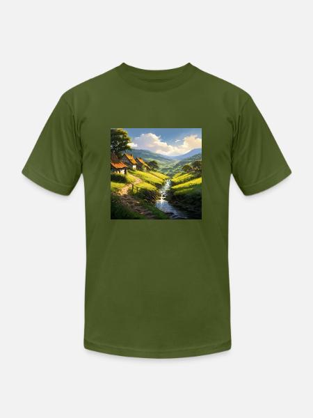 rustic stone houses village - Unisex Jersey T-Shirt by Bella + Canvas - olive