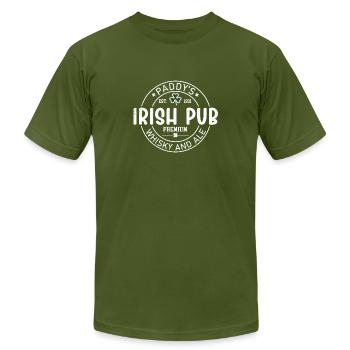 Irish Pub Whisky and Ale, St Patrick's Day - Unisex Jersey T-Shirt by Bella + Canvas - olive - Front - Jose (178cm)