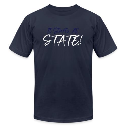 It Starts At STATE! -Navy & White Script - Unisex Jersey T-Shirt by Bella + Canvas